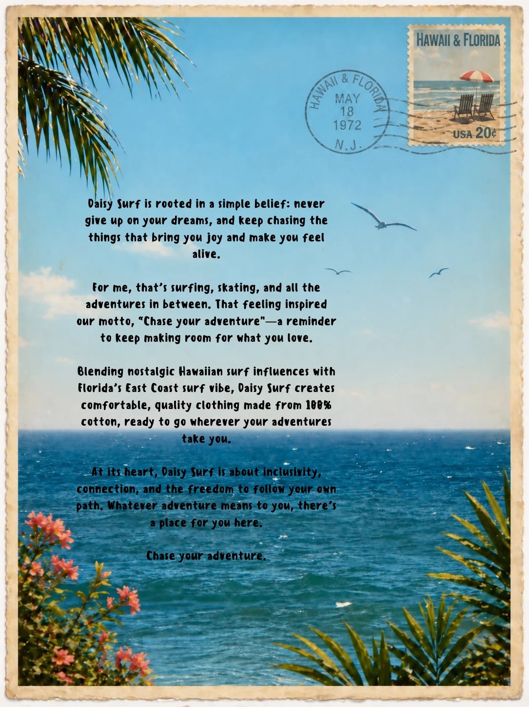A postcard postmarked Hawaii & Florida,
        hand-lettered with the Daisy Surf story over a photograph of the sea